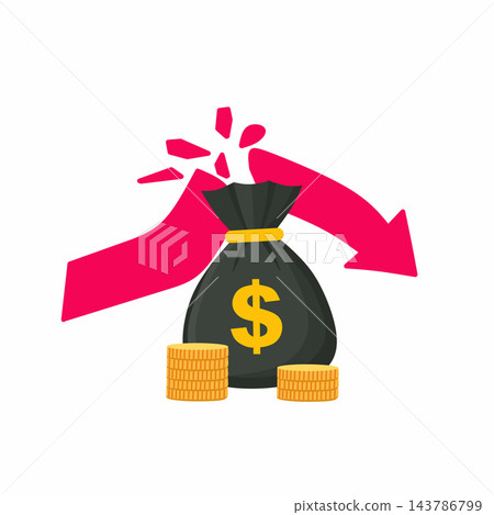 money bag with dollar sign and red downward arrow, symbolizing financial loss, economic decline, investment risk, crisis, and money decrease money bag with dollar sign and red downward arrow, symbolizing financial loss, economic decline, investment risk, crisis, and money decrease 143786799