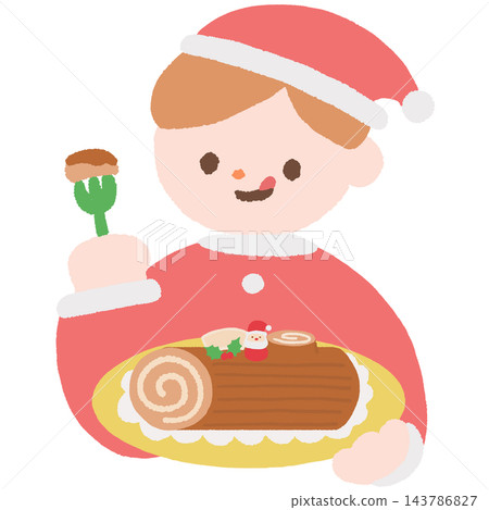 一個男孩裝扮成聖誕老人拿著聖誕禮物的插圖。 143786827