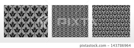 Geometric floral set of seamless patterns. Gray and black vector backgrounds. Damask graphic ornaments Geometric floral set of seamless patterns. Gray and black vector backgrounds. Damask graphic ornaments 143786964