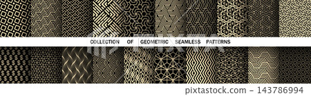 Geometric set of seamless black and golden patterns. Simple vector graphics Geometric set of seamless black and golden patterns. Simple vector graphics 143786994