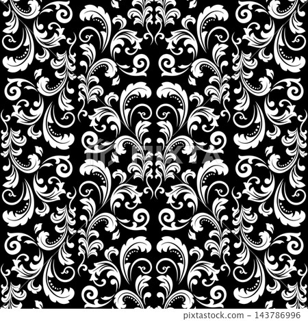 Floral pattern. Seamless vector background. Vintage wallpaper in the Baroque style. White and black ornament for fabric, wallpaper, packaging. Ornate Damask flower illustration. Floral pattern. Seamless vector background. Vintage wallpaper in the Baroque style. White and black ornament for fabric, wallpaper, packaging. Ornate Damask flower illustration. 143786996