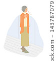 A senior woman walks down a cold winter corridor wearing a jacket to protect herself from heat shock. 143787079