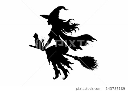 Flying Witch and Black Cat on Broomstick Silhouette Vector Illustration 143787189
