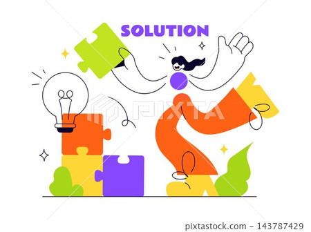 Solution Vector Illustration Featuring Creative Problem Solving, Innovative Ideas, Light Bulb, Gears, and Business Strategy Concept for Success Solution Vector Illustration Featuring Creative Problem Solving, Innovative Ideas, Light Bulb, Gears, and Business Strategy Concept for Success 143787429