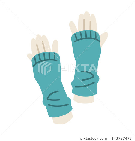 A flat illustration of winter accessories, depicting turquoise blue fingerless gloves. A flat illustration of winter accessories, depicting turquoise blue fingerless gloves. 143787475