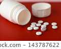 Scattered white pills from a tipped-over bottle on a vivid red surface during a quiet afternoon 143787622