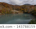 A pond surrounded by the autumn forests and mountains of Hachimantai 143788159