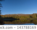 Autumn foliage of the forest and blue sky reflected in the pond on Mt. Yakeishi 143788169