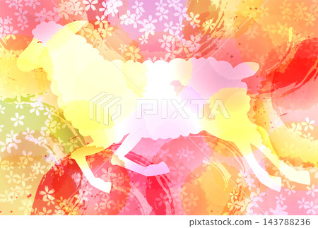 以櫻花點綴的動物剪影水彩畫，風格時尚。 143788236