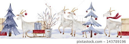 Seamless border with watercolor illustration Christmas Goats in winter scene. Hand drawn fir and pine trees with gift boxes and sleighs on snow for cards or banners. Pastel blue and red colors Seamless border with watercolor illustration Christmas Goats in winter scene. Hand drawn fir and pine trees with gift boxes and sleighs on snow for cards or banners. Pastel blue and red colors 143789196