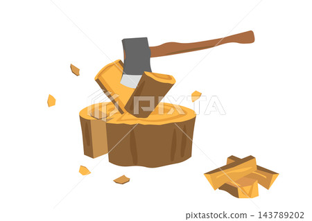An illustration of splitting a log with an axe on a wood-splitting block. An illustration of splitting a log with an axe on a wood-splitting block. 143789202