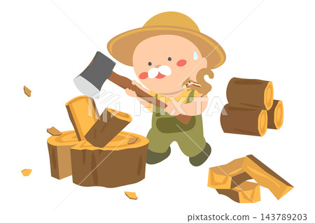 An illustration of an old man chopping firewood. An illustration of an old man chopping firewood. 143789203