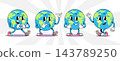 Happy planet earth retro 1930s style rubber hose cartoon characters set for environmental design, featuring healthy green earth with heart gesture, thumbs up, and waving hands. Vector illustration. 143789250