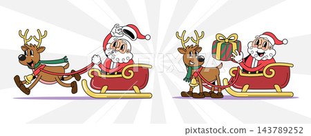 Santa Claus riding sleigh pulled by reindeer retro 1930s style rubber hose cartoon character set for christmas design. Vector illustration. Santa Claus riding sleigh pulled by reindeer retro 1930s style rubber hose cartoon character set for christmas design. Vector illustration. 143789252