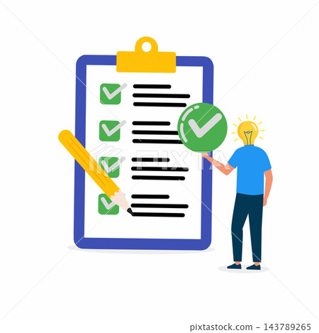 a person standing next to a clipboard checklist with green check marks, symbolizing completed tasks, success, productivity, organization, and goal achievement a person standing next to a clipboard checklist with green check marks, symbolizing completed tasks, success, productivity, organization, and goal achievement 143789265