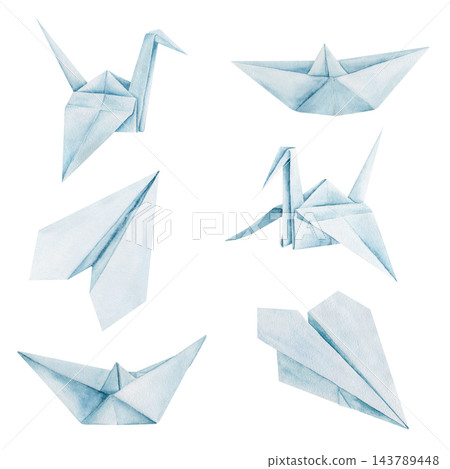 Hand painted watercolor set of origami figures. The collection includes light blue paper cranes, boats, airplanes. Delicate illustration isolated on a white background, ideal for creative concepts. 143789448