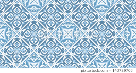 Mediterranean tile pattern with blue ceramic mosaic. Seamless ornamental design with Italian amalfi motifs, Portuguese azulejo elements and floral decorations. Vector Mediterranean tile pattern with blue ceramic mosaic. Seamless ornamental design with Italian amalfi motifs, Portuguese azulejo elements and floral decorations. Vector 143789703