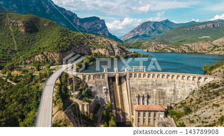 Aerial View of Oliana Dam and Reservoir in Catalonia Aerial View of Oliana Dam and Reservoir in Catalonia 143789908