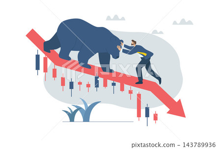 Stock or financial market prices are falling sharply, Bear market is down, Investment crisis or stock market crash, Business or economic recession, Businessman is fighting with bear market. Stock or financial market prices are falling sharply, Bear market is down, Investment crisis or stock market crash, Business or economic recession, Businessman is fighting with bear market. 143789936