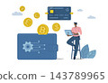 Cryptocurrency transactions and online banking, Bitcoin digital wallet, Male investor trading cryptocurrency via application and credit card, Cryptocurrency wallet technology, Flat vector design. 143789965