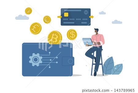 Cryptocurrency transactions and online banking, Bitcoin digital wallet, Male investor trading cryptocurrency via application and credit card, Cryptocurrency wallet technology, Flat vector design. Cryptocurrency transactions and online banking, Bitcoin digital wallet, Male investor trading cryptocurrency via application and credit card, Cryptocurrency wallet technology, Flat vector design. 143789965