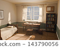 Student room with wooden desk, bookshelf, bed and school bag, open window with curtains and falling autumn leaves, 3D illustration of back to school and study 143790056