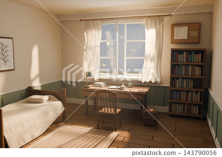 Student room with wooden desk, bookshelf, bed and school bag, open window with curtains and falling autumn leaves, 3D illustration of back to school and study 143790056