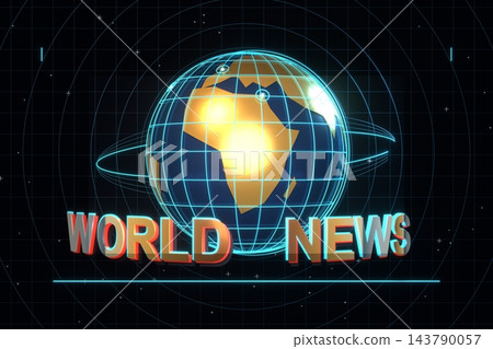 World news title with glowing globe showing Africa and Europe, cyan wireframe grid and orbit rings, 3D illustration of a broadcast television news intro on black World news title with glowing globe showing Africa and Europe, cyan wireframe grid and orbit rings, 3D illustration of a broadcast television news intro on black 143790057