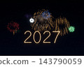 New Year 2027 written with golden sparkler, colorful fireworks bursting in starry night sky, 3D illustration of holiday celebration and greeting 143790059