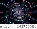 Neon tunnel made of glowing pink, violet and cyan lines, wireframe geometric shapes floating inside, 3D illustration of a retro futuristic vortex on black 143790061