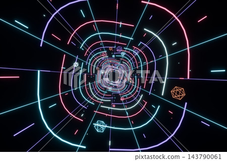 Neon tunnel made of glowing pink, violet and cyan lines, wireframe geometric shapes floating inside, 3D illustration of a retro futuristic vortex on black Neon tunnel made of glowing pink, violet and cyan lines, wireframe geometric shapes floating inside, 3D illustration of a retro futuristic vortex on black 143790061