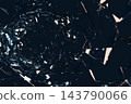 Broken glass shards flying apart, sharp shattered pieces with light reflections on dark blue, 3D illustration of explosion, crash and destruction concept 143790066