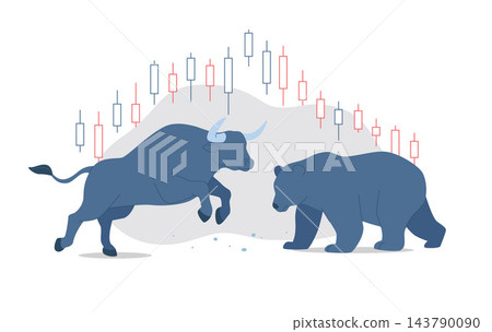 Bull and bear markets, Risk or volatility in trading markets, Growth and decline of financial markets, Economic peaks and recessions, Symbol of investment, Flat vector design illustration. Bull and bear markets, Risk or volatility in trading markets, Growth and decline of financial markets, Economic peaks and recessions, Symbol of investment, Flat vector design illustration. 143790090