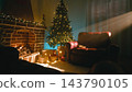 Christmas Fireplace Tree And Armchair With Light Rays 143790105