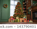 Classical Christmas decorated interior living room with fireplace. Christmas tree with red golden ornament decorations gift boxes. Modern classic style interior design apartment. Christmas eve at home 143790401