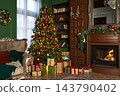 Classical Christmas decorated interior living room with fireplace. Christmas tree with red golden ornament decorations gift boxes. Modern classic style interior design apartment. Christmas eve at home 143790402