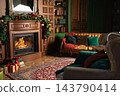Classical Christmas decorated interior living room with fireplace. Home with Christmas red golden ornament decorations gift boxes. Modern classic style interior design apartment. Christmas eve at home 143790414