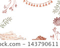 Coastal boho frame with seashells, tassel garlands, leafy branches, red berries around blank center. Hand painted watercolor for invitations, cards, posters, prints, stationery, packaging, branding 143790611