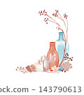 Coastal boho still life with ceramic vases, seashells, candle, coral and delicate berry branches. Hand painted watercolor for posters, wall art, prints, greeting cards, stationery, packaging, branding 143790613