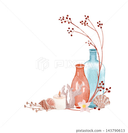 Coastal boho still life with ceramic vases, seashells, candle, coral and delicate berry branches. Hand painted watercolor for posters, wall art, prints, greeting cards, stationery, packaging, branding Coastal boho still life with ceramic vases, seashells, candle, coral and delicate berry branches. Hand painted watercolor for posters, wall art, prints, greeting cards, stationery, packaging, branding 143790613
