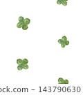 Seamless pattern with green four leaf clovers scattered on a white background. Hand painted watercolor for textiles, wallpaper, gift wrapping, greeting cards, stationery, packaging and festive decor. 143790630