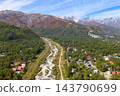Autumn foliage in Hirakawa-Gentaro and the Hakuba mountain range, Hakuba Village, Nagano Prefecture (aerial photography by drone) 143790699