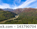 Autumn foliage in Hirakawa-Gentaro and the Hakuba mountain range, Hakuba Village, Nagano Prefecture (aerial photography by drone) 143790704