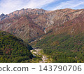 Autumn foliage in Hirakawa-Gentaro and Mt. Karamatsu, Hakuba Village, Nagano Prefecture (aerial photography by drone) 143790706