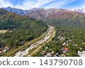 Autumn foliage in Hirakawa-Gentaro and the Hakuba mountain range, Hakuba Village, Nagano Prefecture (aerial photography by drone) 143790708