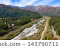 Autumn foliage in Hirakawa-Gentaro and the Hakuba mountain range, Hakuba Village, Nagano Prefecture (aerial photography by drone) 143790711