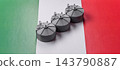 Liquefied gas storage tanks set against the Italian flag, as a background for your design 143790887