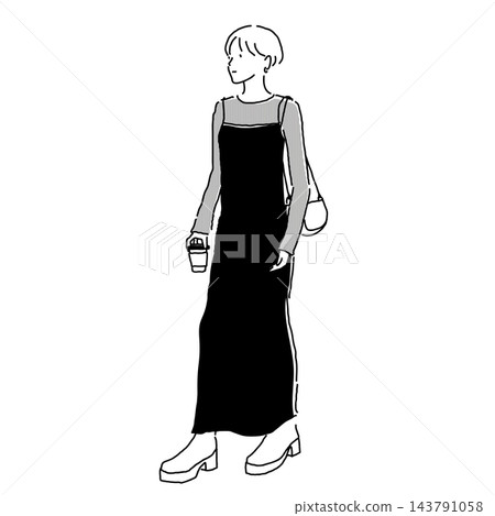 秋季時尚女性的線條畫插圖,她穿著薄紗上衣和 A 字吊帶連身裙。 秋季時尚女性的線條畫插圖,她穿著薄紗上衣和 A 字吊帶連身裙。 143791058