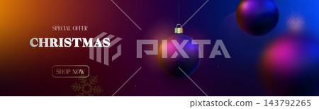 Colorful Christmas ornaments float in vibrant gradient background, glowing softly Colorful Christmas ornaments float in vibrant gradient background, glowing softly 143792265