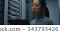 IT Technician Wearing Headset and Reviewing Network Connections on Tablet  143793426